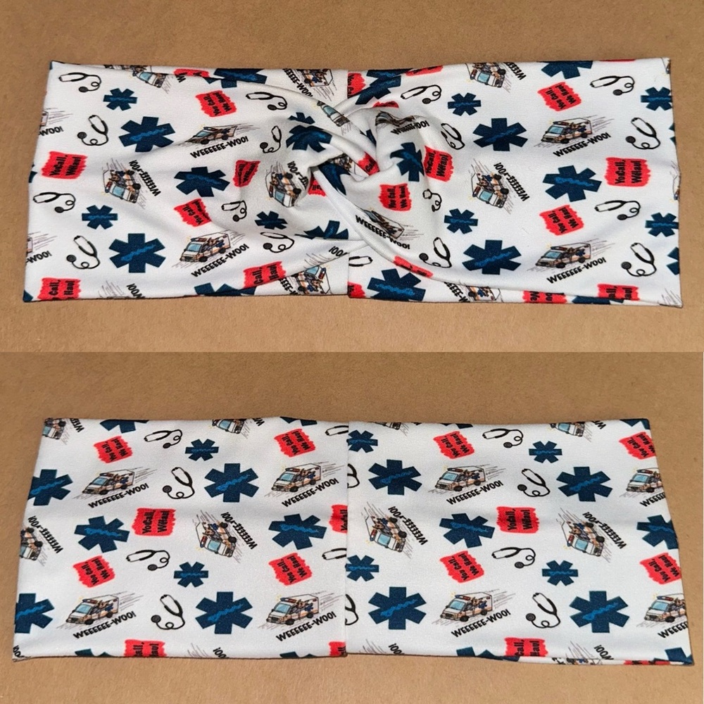 Medical Print Twisted Knot Headband in White, Navy & Red